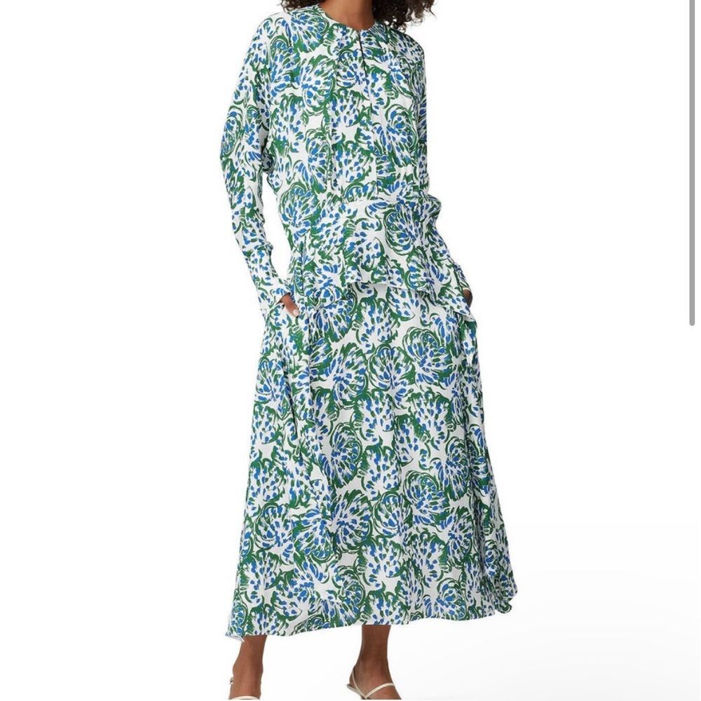 Victoria Victoria Beckham Dress Long Sleeve Drape Green Blue and White Size 6